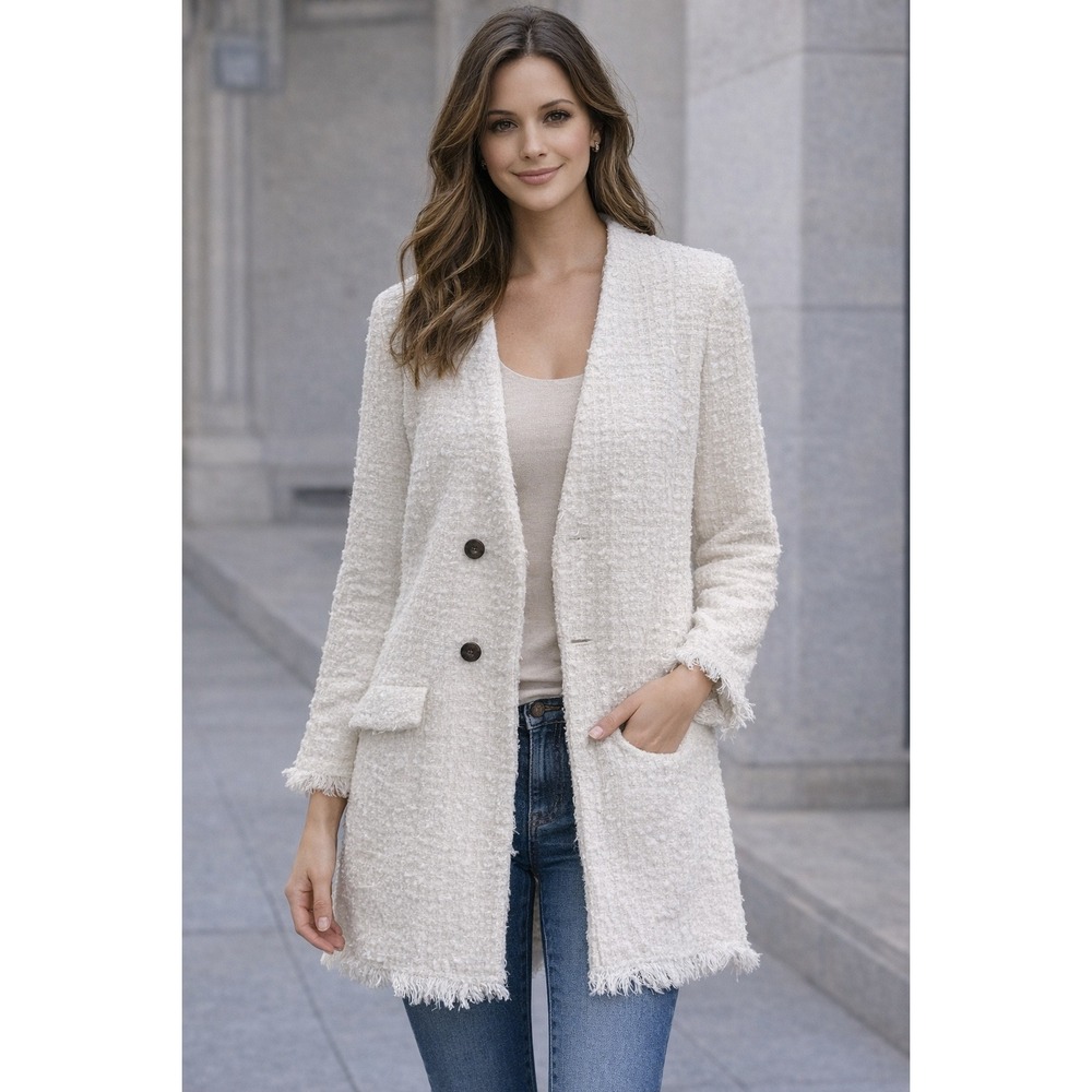 BB Dakota Tweed Coat Cream Frayed Edge‎ Jacket Long Blazer Womens Medium